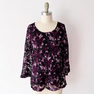 Stretchy Dark Lace Blouse with Purple Pink, Scoop Neckline, Whimsigoth, Floral